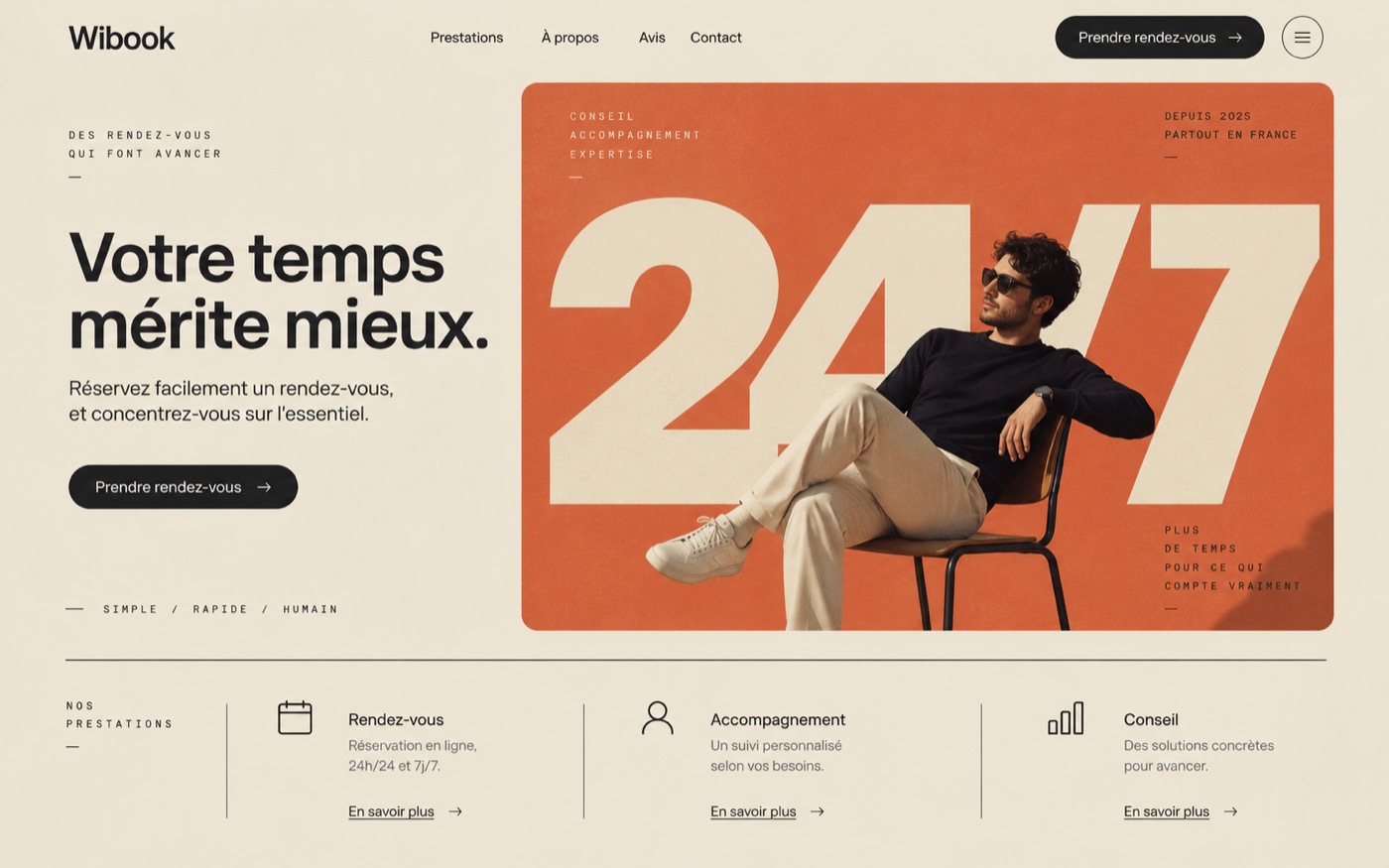 Exemple de site vitrine généré par Wibook : en-tête avec le nom du professionnel et un
    bouton « Prendre rendez-vous », un titre en grand, une photographie, puis les prestations
    présentées en colonnes.